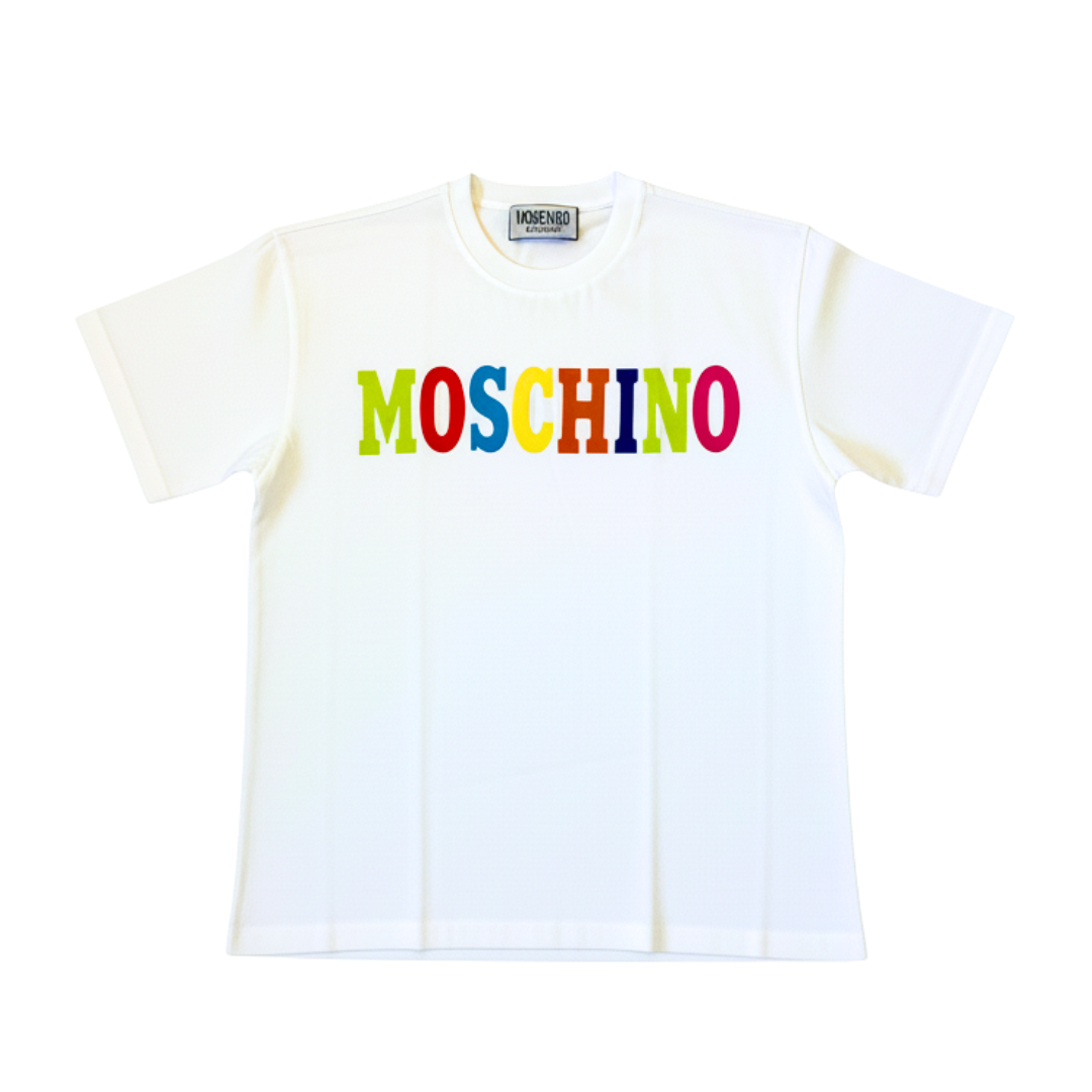 MOSCHINO T-shirt featuring rainbow logo on white fabric, available at Lestyle Boutique Melbourne