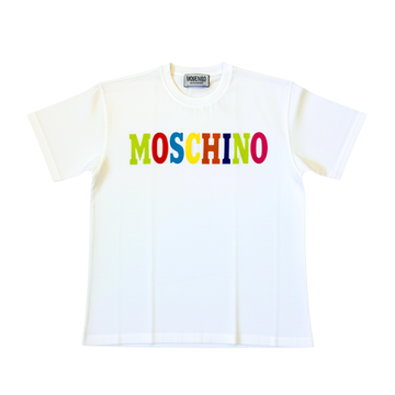 MOSCHINO T-shirt featuring rainbow logo on white fabric, available at Lestyle Boutique Melbourne