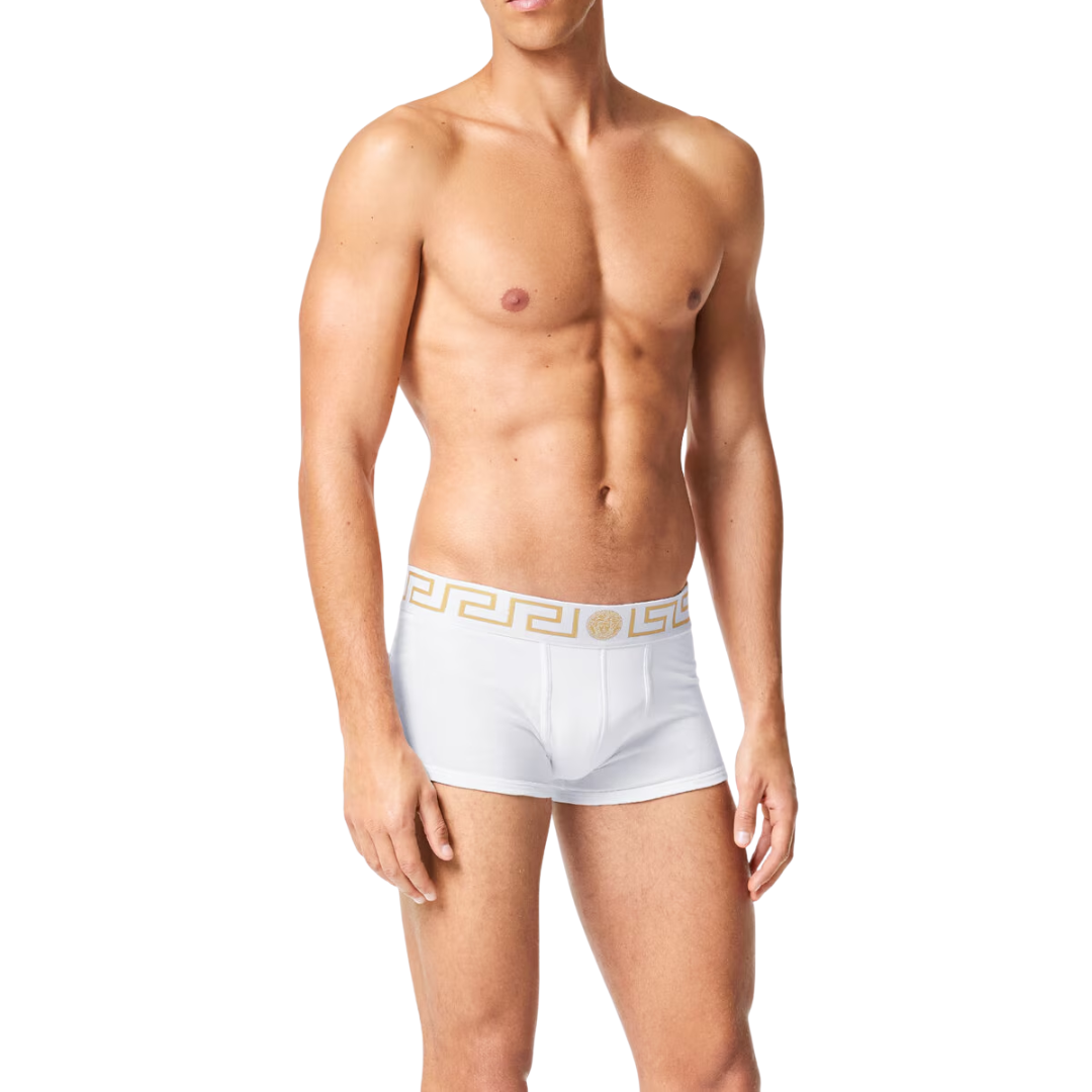 Versace low rise trunk featuring gold Greek key waistband available at Lestyle Boutique Melbourne
