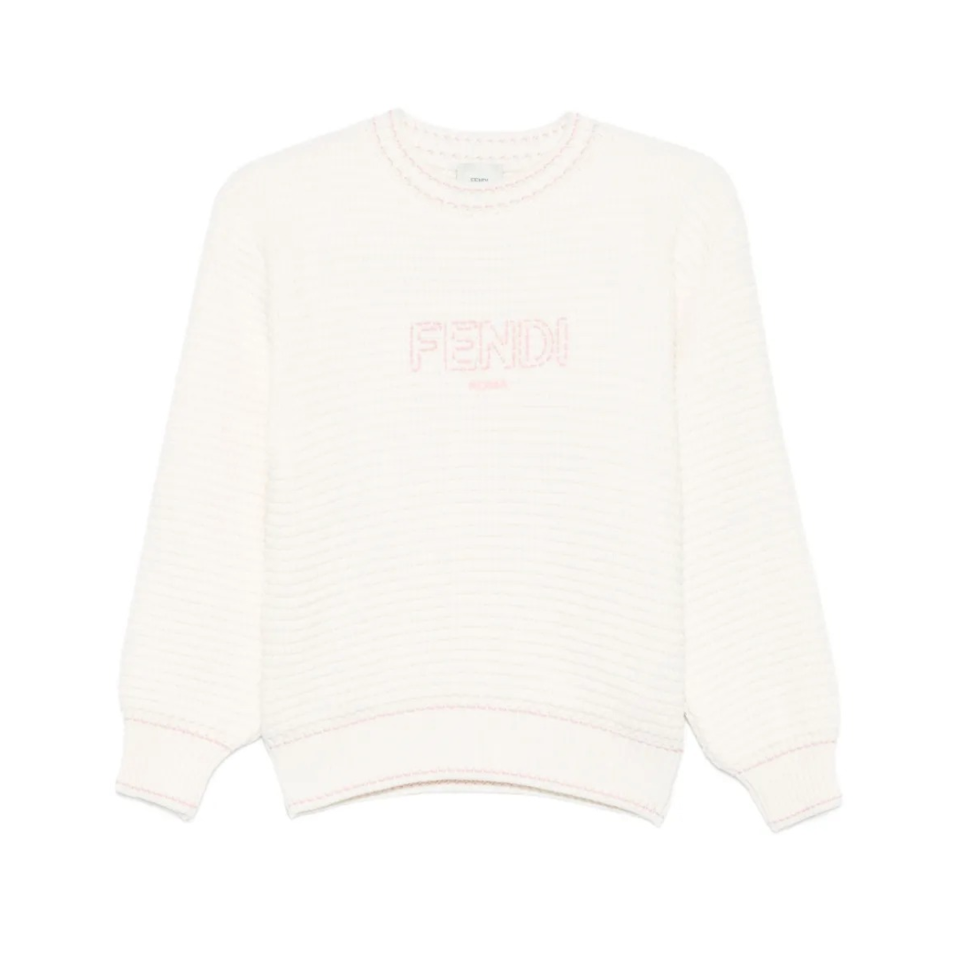 Fendi MAGLIONE KIDS white ribbed knit with pink logo available at Lestyle Boutique Melbourne