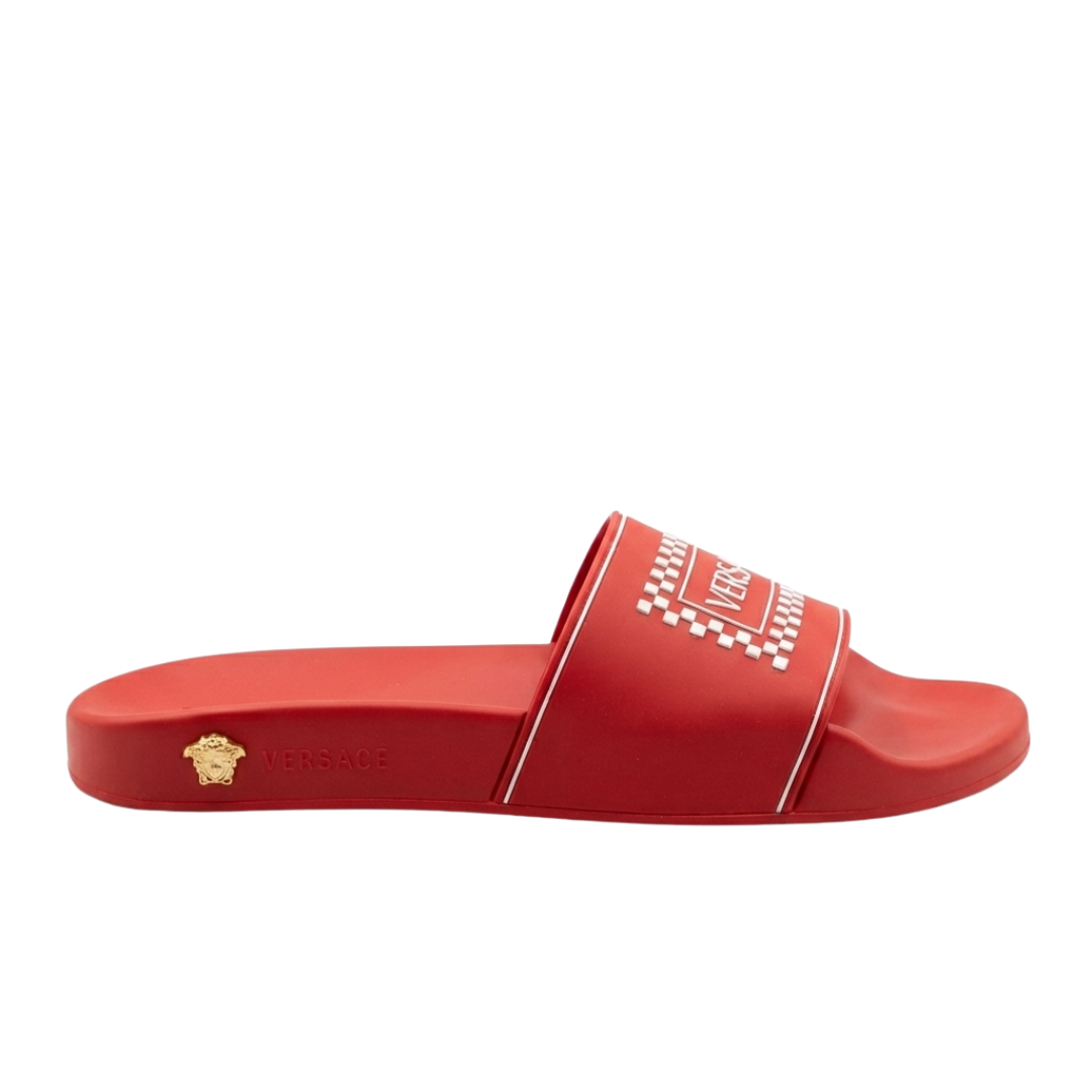 Versace slides featuring white checkered strap in red available at Lestyle Boutique Melbourne