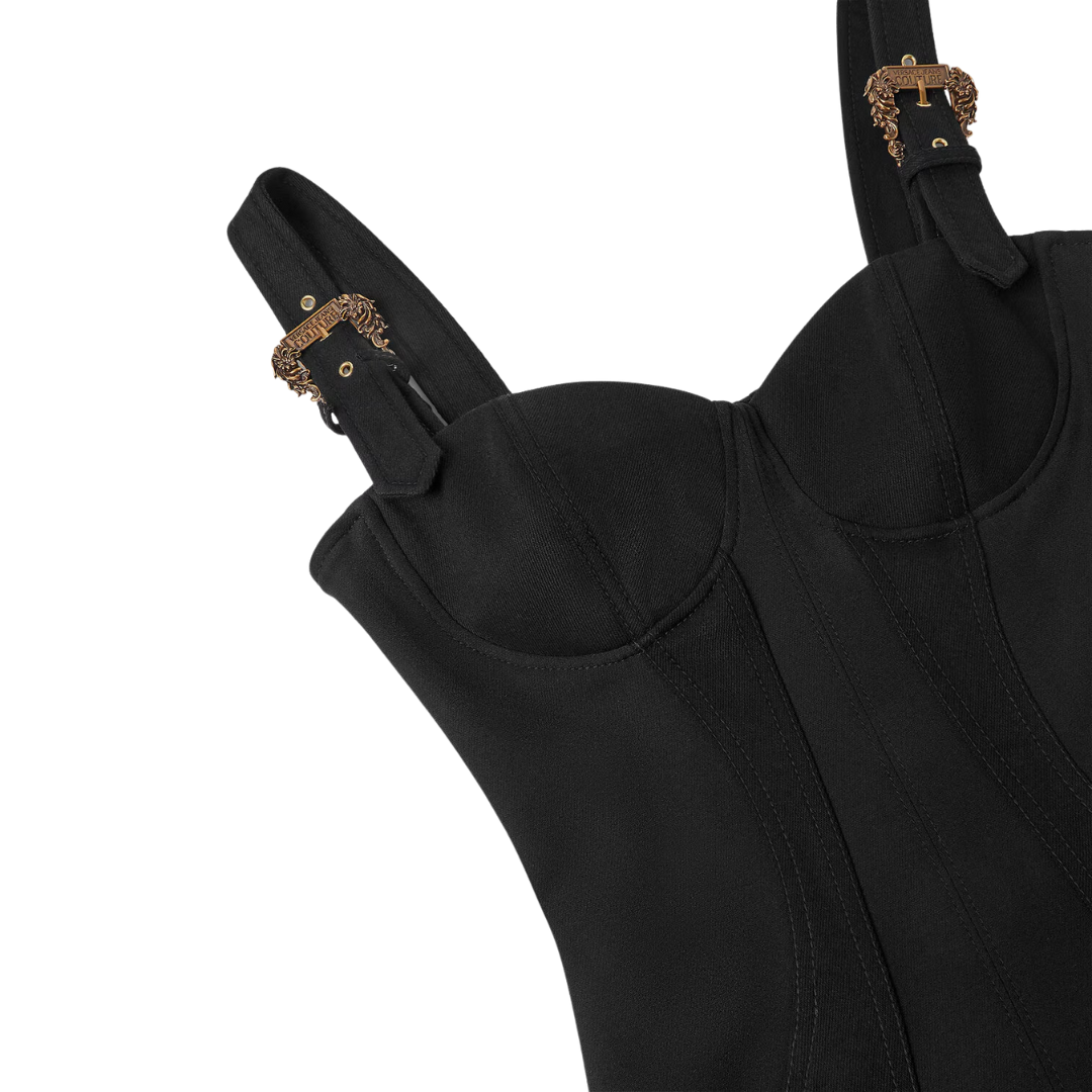 Versace Jeans Couture sleeveless bustier midi dress featuring Baroque buckle accents on the shoulder straps, available at Lestyle Boutique Melbourne