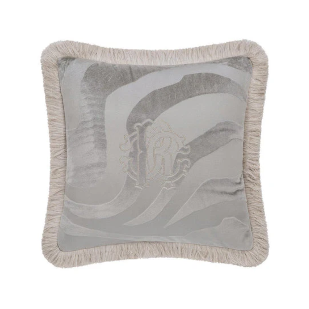 Roberto Cavalli cushion featuring fringe trim and crest motif, 40x40 cm available at Lestyle Boutique Melbourne