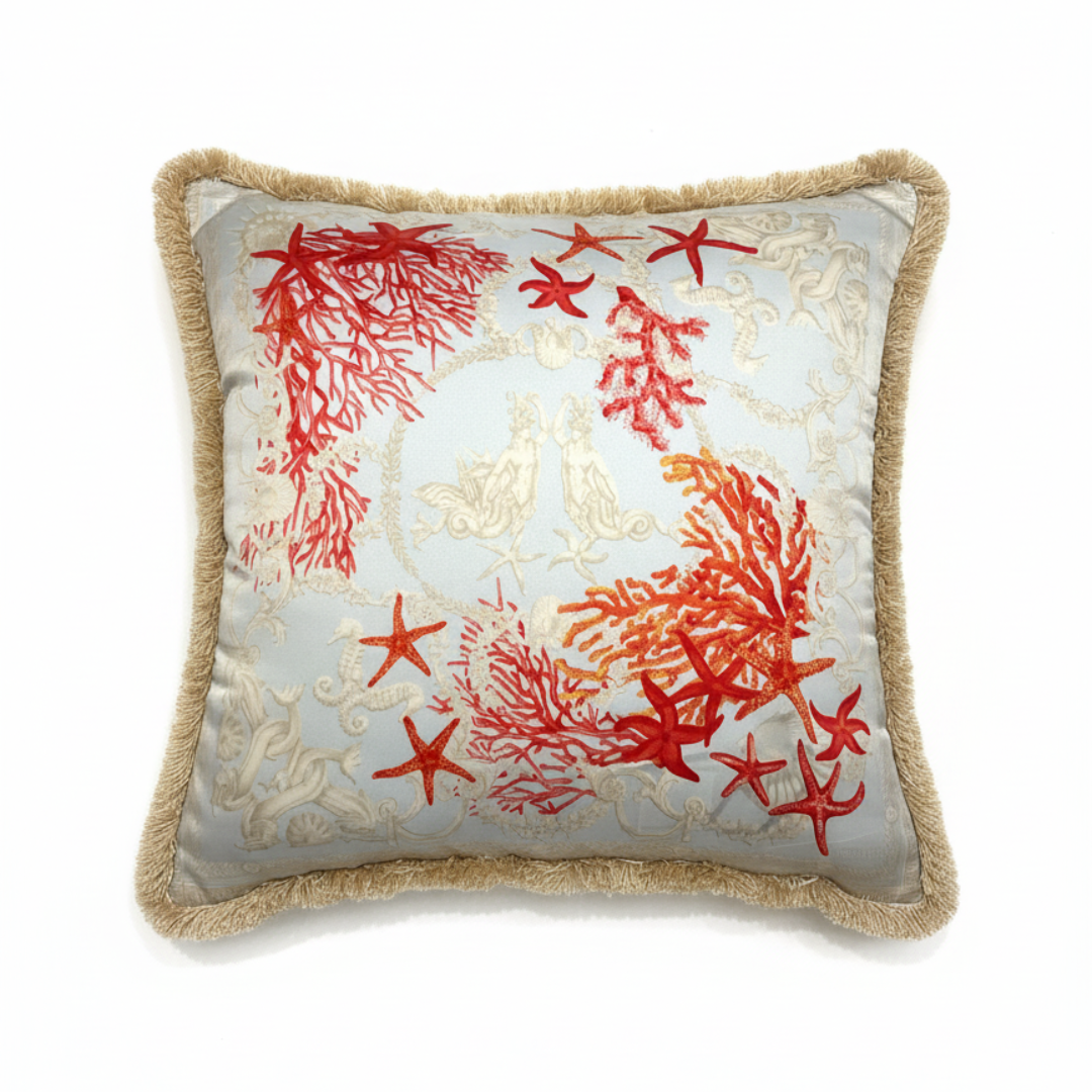 Versace Cushion featuring red coral and starfish print on light blue fabric available at Lestyle Boutique Melbourne