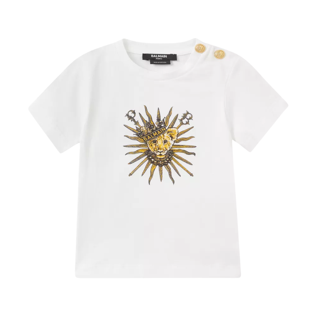 BALMAIN T-shirt featuring a graphic print with shoulder button detailing available at Lestyle Boutique Melbourne