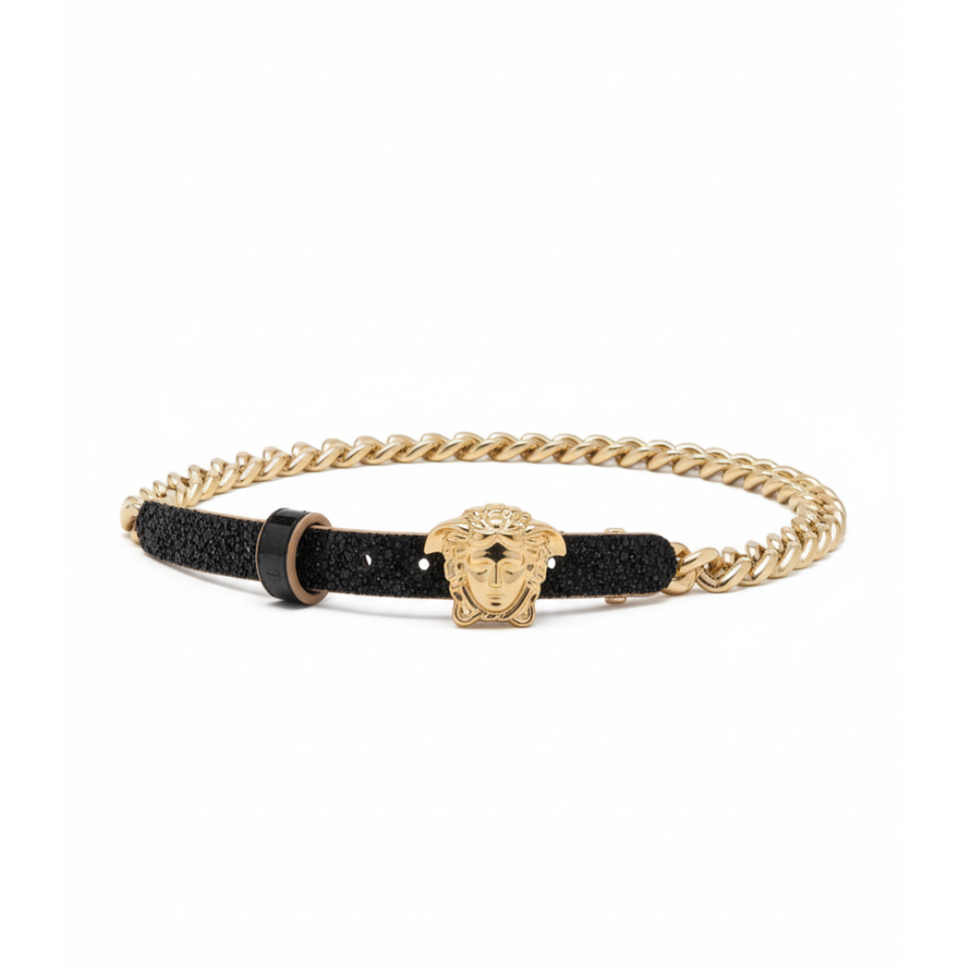 VERSACE BELT featuring Medusa buckle on black leather chain belt available at Lestyle Boutique Melbourne