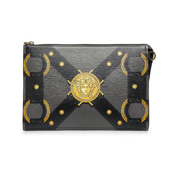 VERSACE CLUTCH featuring gold Medusa head motif available at Lestyle Boutique Melbourne