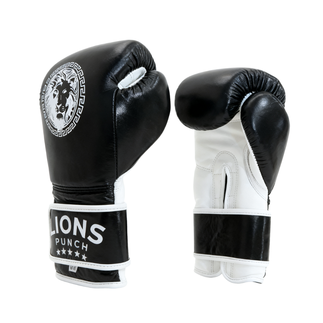 Lions Punch boxing gloves featuring lion logo, black leather, available at Lestyle Boutique Melbourne