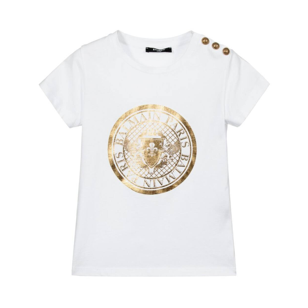 BALMAIN KIDS TSHIRT featuring a gold foil circular crest available at Lestyle Boutique Melbourne