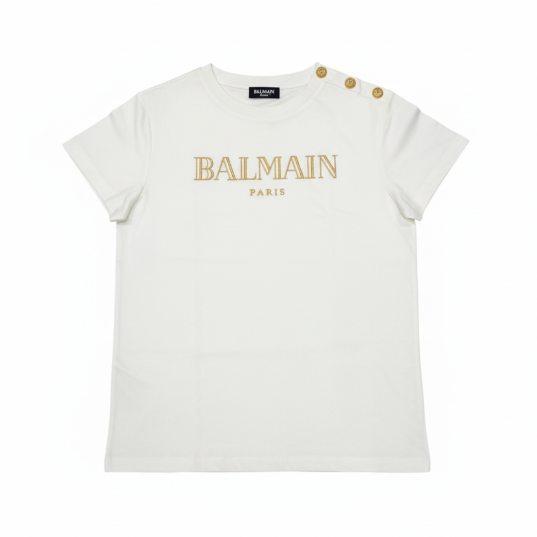 BALMAIN KIDS T-SHIRT featuring gold lettering and shoulder button details available at Lestyle Boutique Melbourne