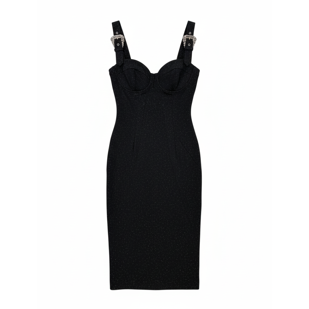 Versace Jeans Couture sleeveless bustier midi dress in black featuring Baroque buckle accents on the shoulders. Crafted from cotton and viscose blends at Lestyle Boutique Melbourne.