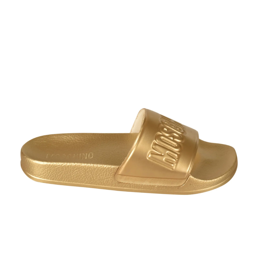 Moschino logo-embossed gold sliders featuring the Moschino logo available at Lestyle Boutique Melbourne