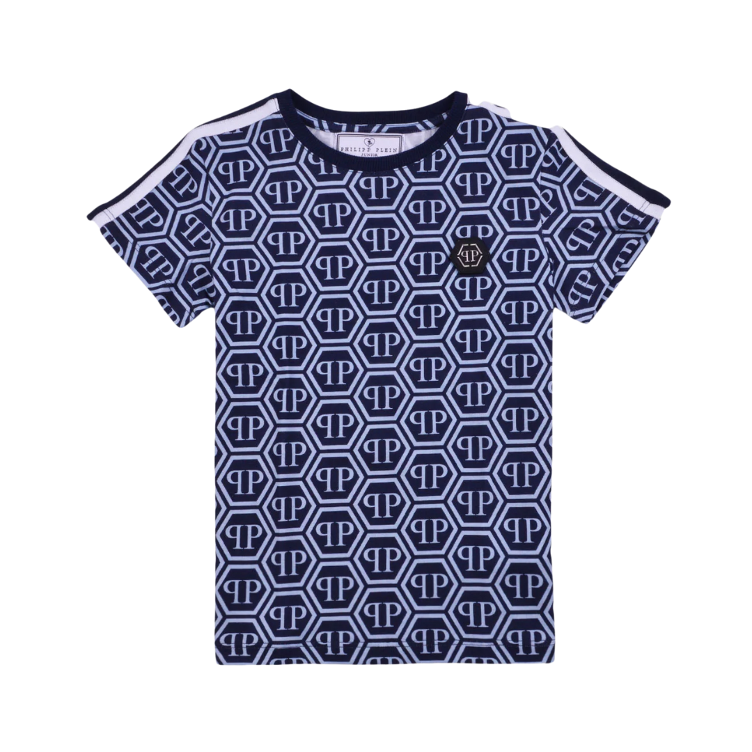 Philipp Plein kids T-shirt blue featuring hexagon PP monogram pattern available at Lestyle Boutique Melbourne