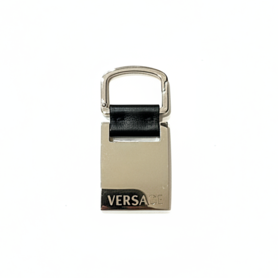VERSACE keychain featuring a metal square plate and black leather strap available at Lestyle Boutique Melbourne