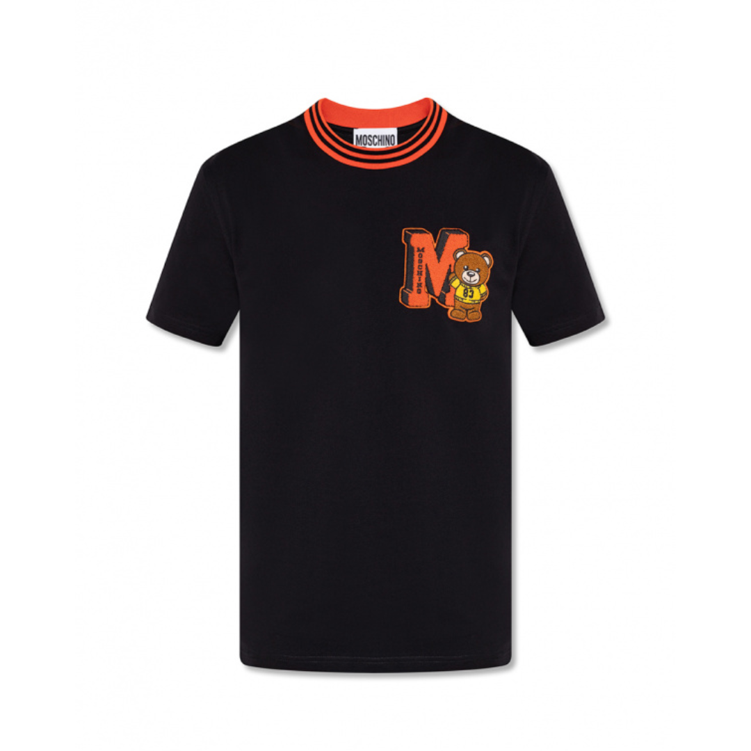 MOSCHINO T-SHIRT featuring orange ribbed collar and bear graphic available at Lestyle Boutique Melbourne