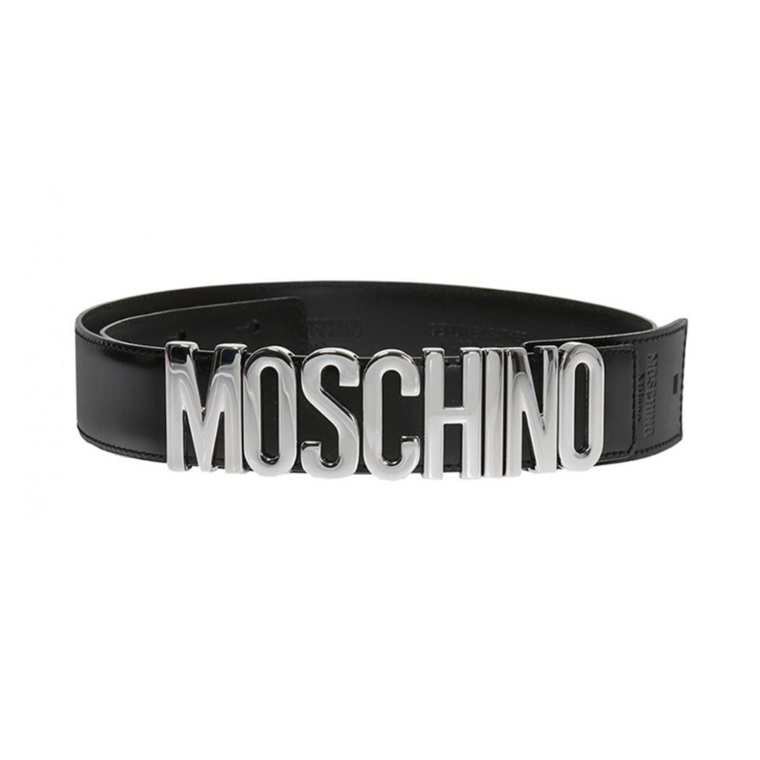 MOSCHINO Silver patent belt with oversized logo buckle available at Lestyle Boutique Melbourne