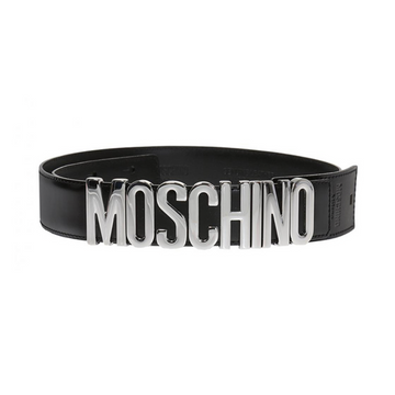 MOSCHINO Silver patent belt with oversized logo buckle available at Lestyle Boutique Melbourne