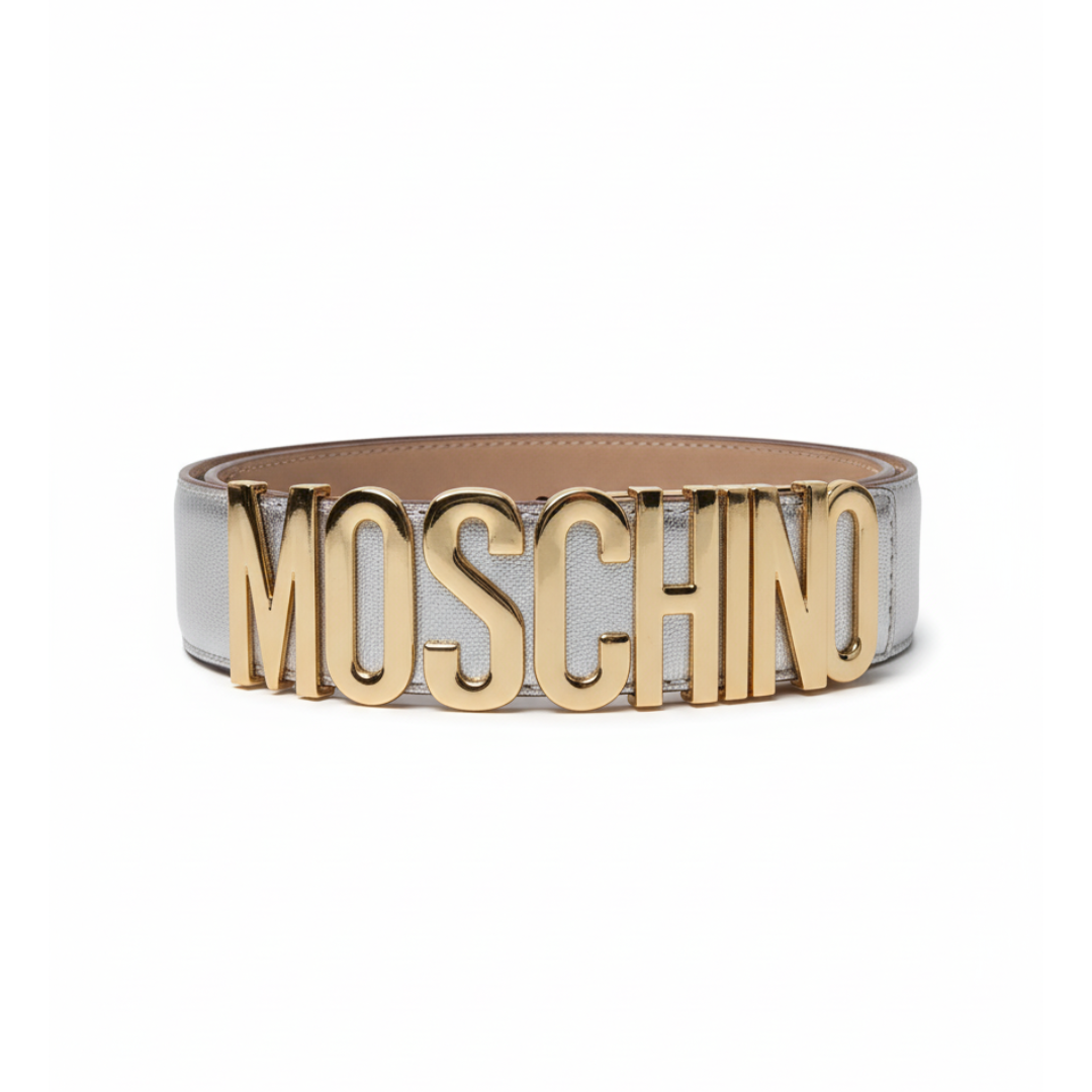 MOSCHINO belt featuring golden monogram on a silver strap available at Lestyle Boutique Melbourne