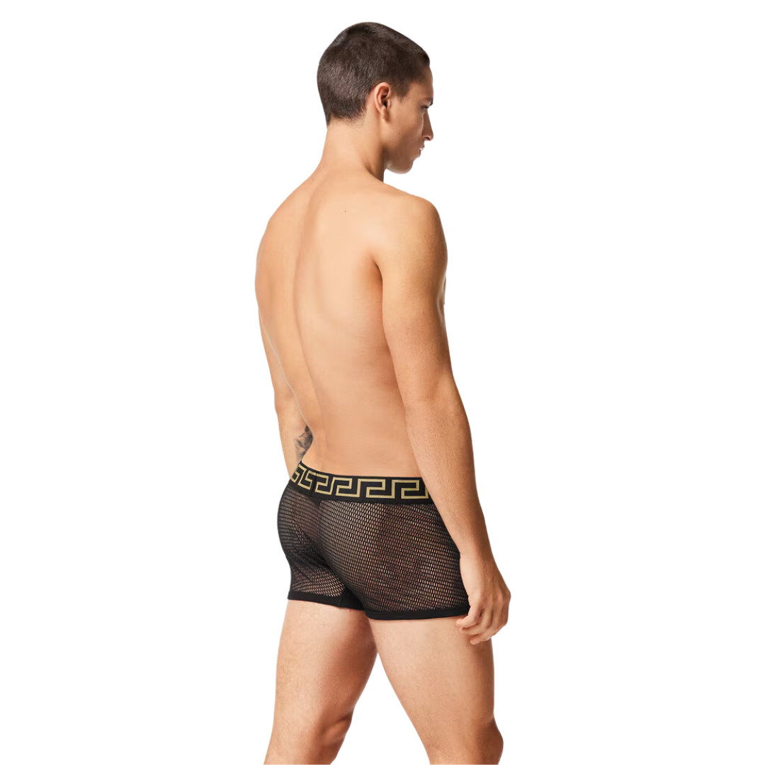 Versace mesh trunks featuring Greca border waistband available at Lestyle Boutique Melbourne