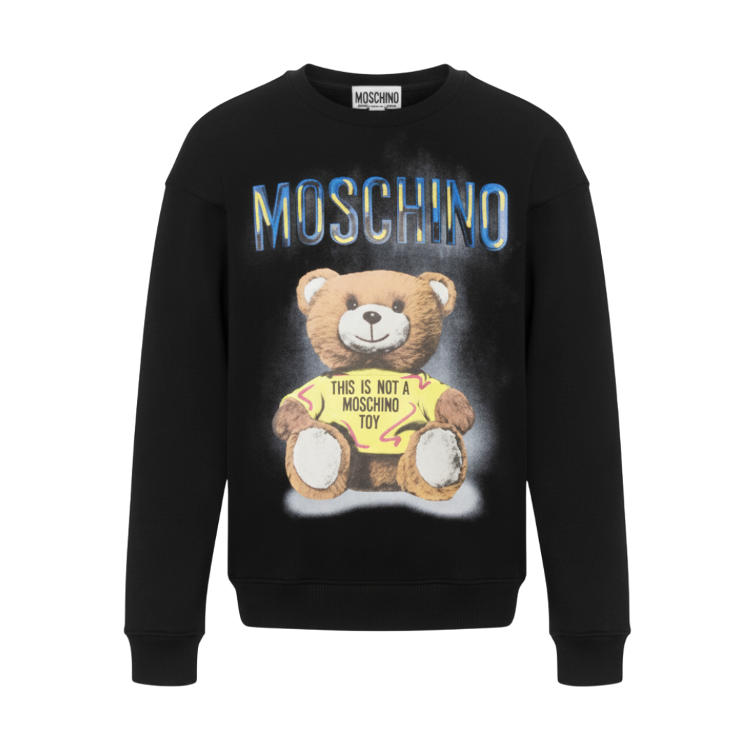 MOSCHINO Sweatshirt featuring teddy bear graphic with 'THIS IS NOT A MOSCHINO TOY' sign available at Lestyle Boutique Melbourne