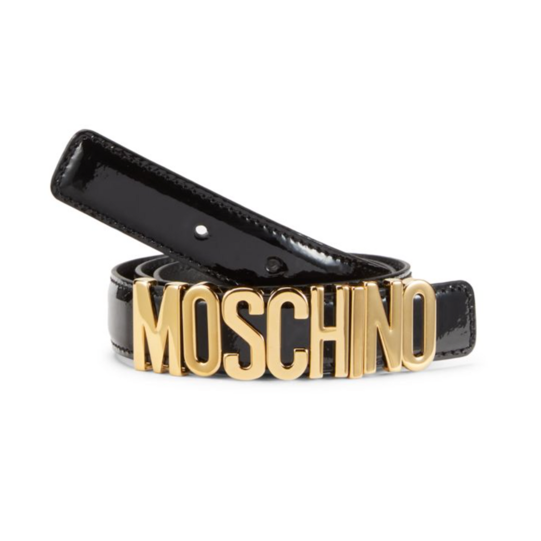 MOSCHINO BELT featuring oversized gold logo buckle available at Lestyle Boutique Melbourne