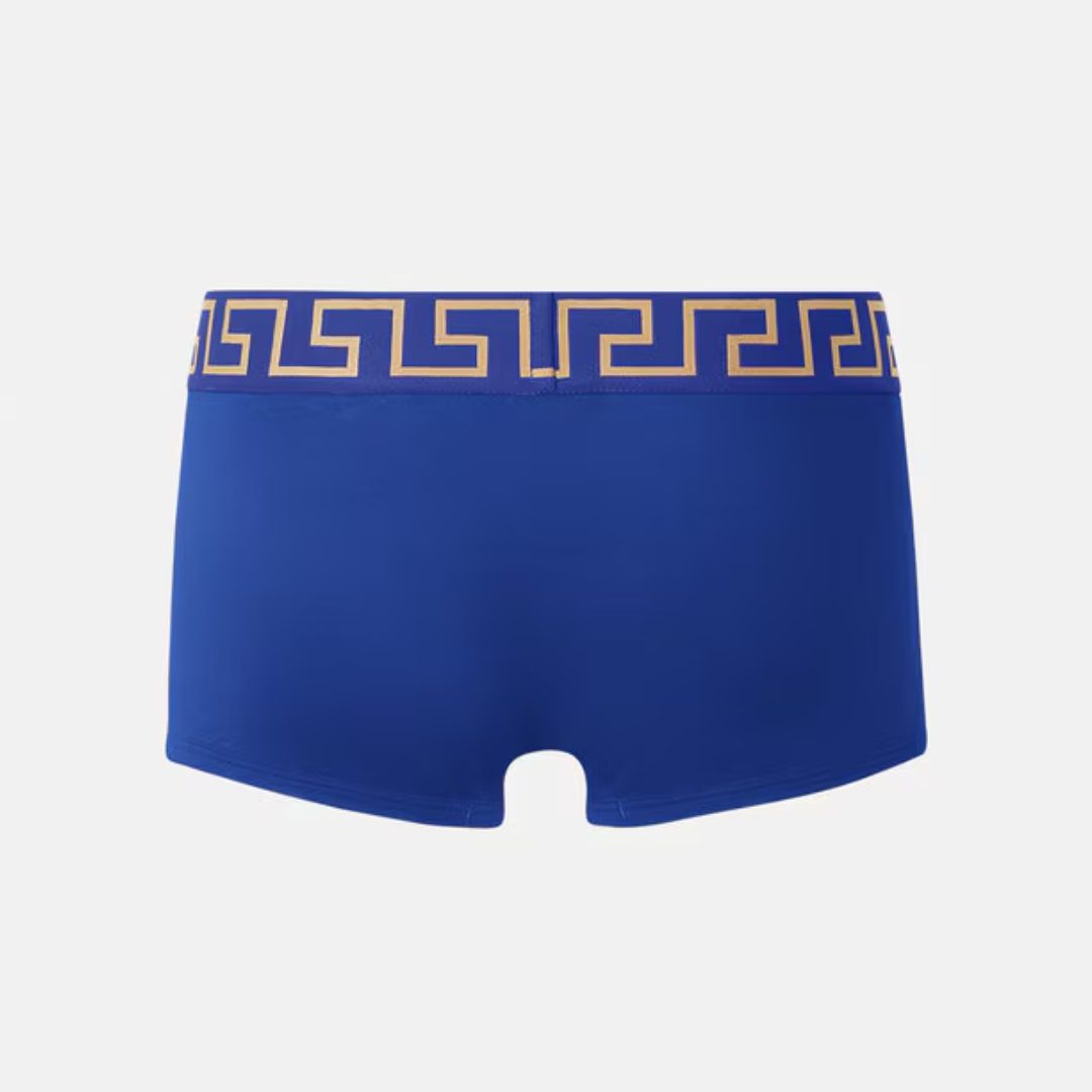 Versace Greca Border Trunks featuring Medusa motif on elastic waistband, blue, available at Lestyle Boutique Melbourne