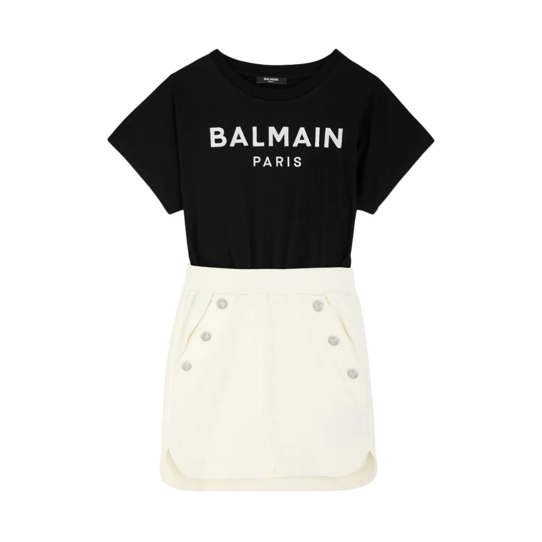Balmain Kids panelled cotton dress featuring logo print to the front available at Lestyle Boutique Melbourne