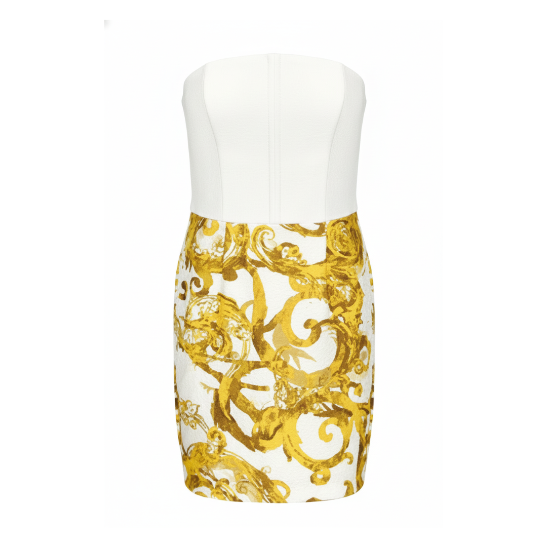 Versace Jeans Couture Dress featuring a structured bustier bodice with gold baroque print skirt available at Lestyle Boutique Melbourne