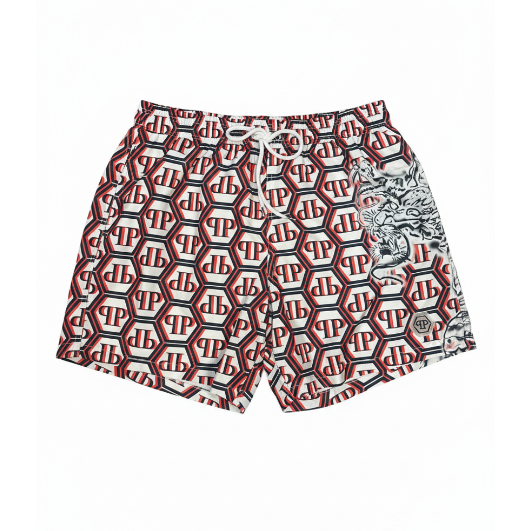 PHILIPP PLEIN SHORTS featuring geometric hex pattern and tiger graphic available at Lestyle Boutique Melbourne