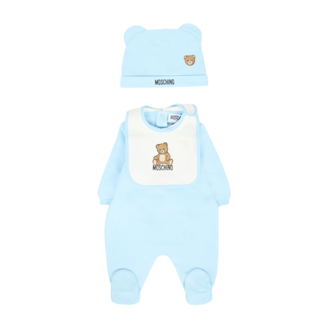 MOSCHINO KIDS SET featuring bear motif in light blue available at Lestyle Boutique Melbourne
