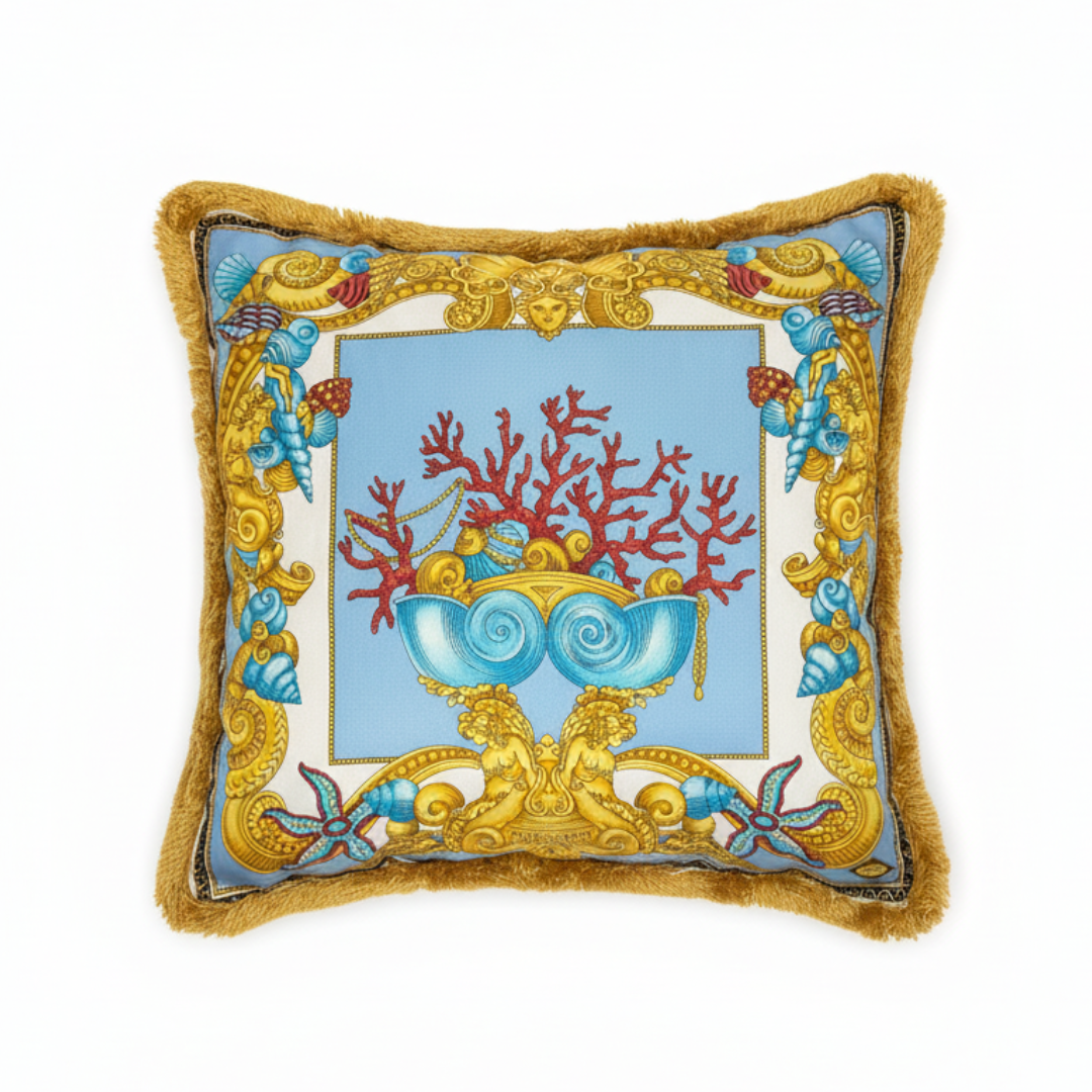 VERSACE CUSHION featuring ornate baroque print with gold border available at Lestyle Boutique Melbourne