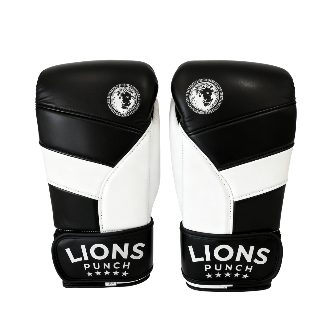 Lions Punch boxing gloves with black and white panels and wrist strap, available at Lestyle Boutique Melbourne