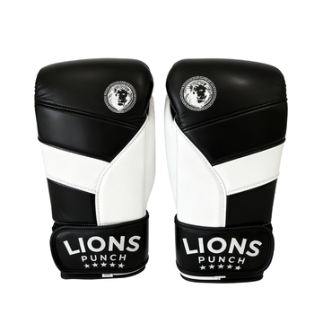 Lions Punch boxing gloves with black and white panels and wrist strap, available at Lestyle Boutique Melbourne