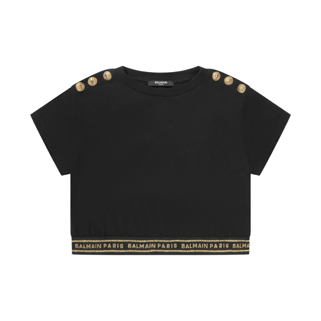 Balmain T-shirt featuring gold-tone shoulder buttons and Balmain belt trim available at Lestyle Boutique Melbourne