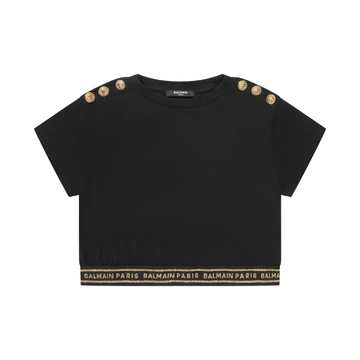 Balmain T-shirt featuring gold-tone shoulder buttons and Balmain belt trim available at Lestyle Boutique Melbourne