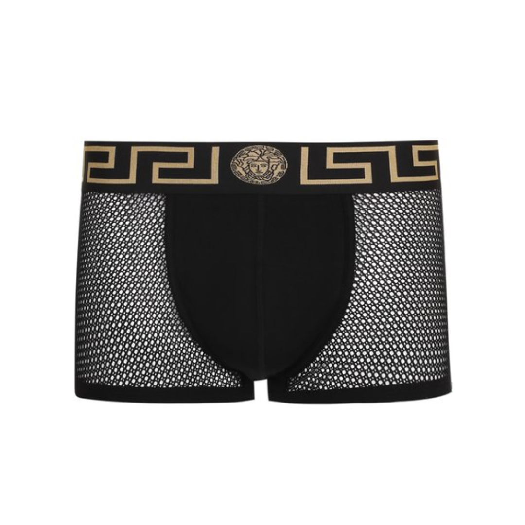 Versace mesh trunks featuring Greca border waistband available at Lestyle Boutique Melbourne