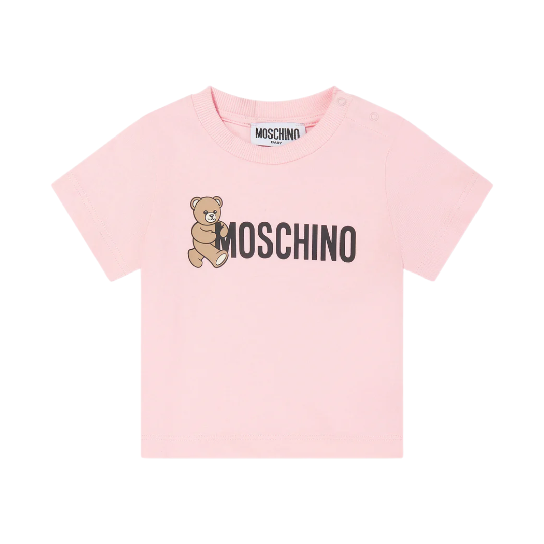 MOSCHINO KIDS Baby Girls Teddy Bear Logo T-Shirt in sugar rose featuring teddy bear graphic available at Lestyle Boutique Melbourne