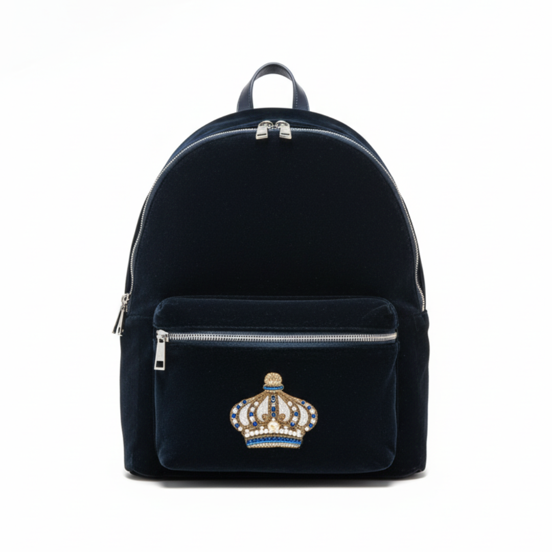 Versace backpack in black velvet with crown-embellished patch, available at Lestyle Boutique Melbourne
