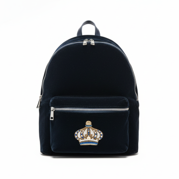 Versace backpack in black velvet with crown-embellished patch, available at Lestyle Boutique Melbourne