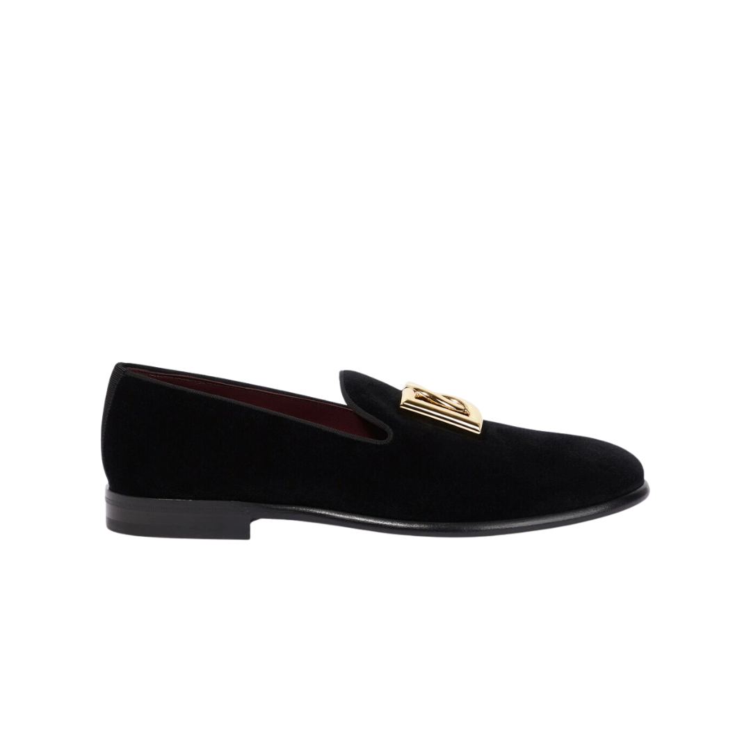 Dolce&Gabbana DG suede loafers in black featuring golden hardware available at Lestyle Boutique Melbourne