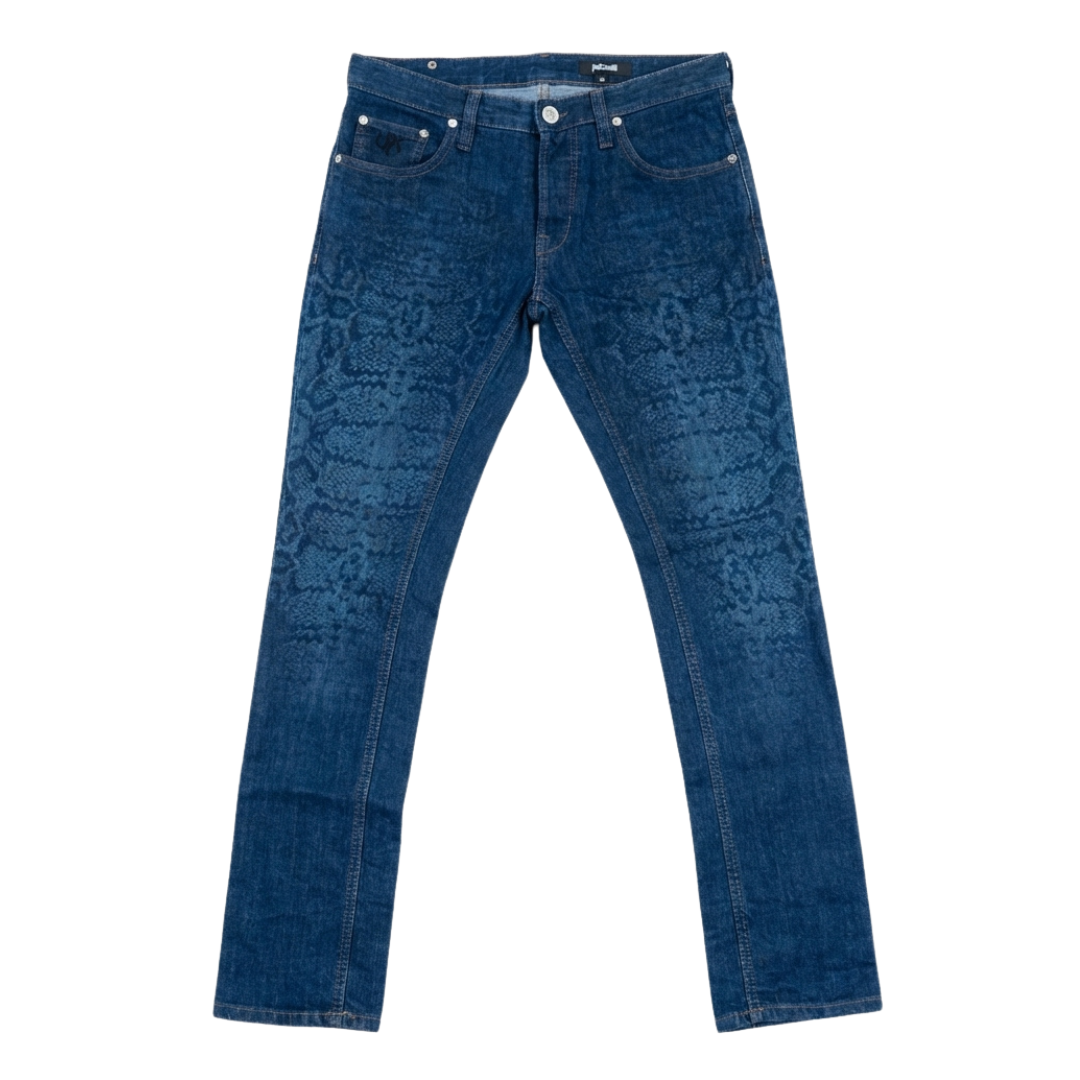 Just Cavalli jeans featuring snake print in deep blue available at Lestyle Boutique Melbourne