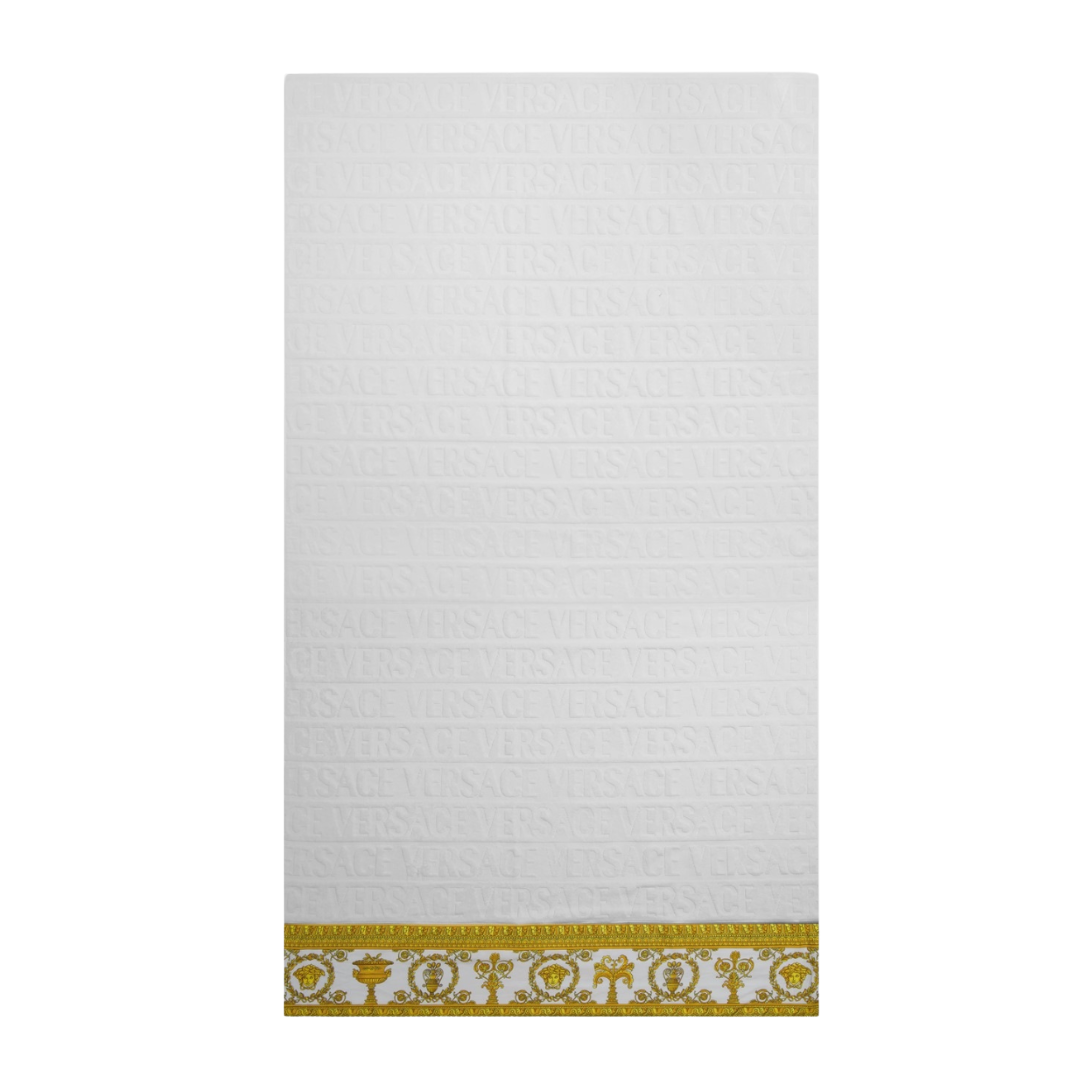 Versace towel with white and gold baroque motif and logo band available at Lestyle Boutique Melbourne