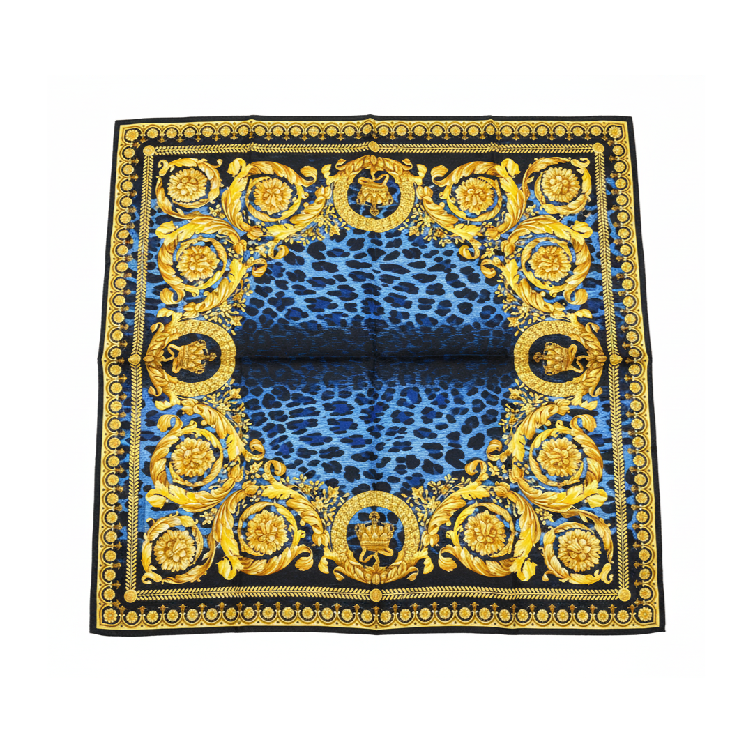 Versace silk scarf featuring blue leopard print with ornate gold baroque border, available at Lestyle Boutique Melbourne
