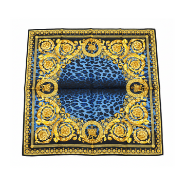 Versace silk scarf featuring blue leopard print with ornate gold baroque border, available at Lestyle Boutique Melbourne