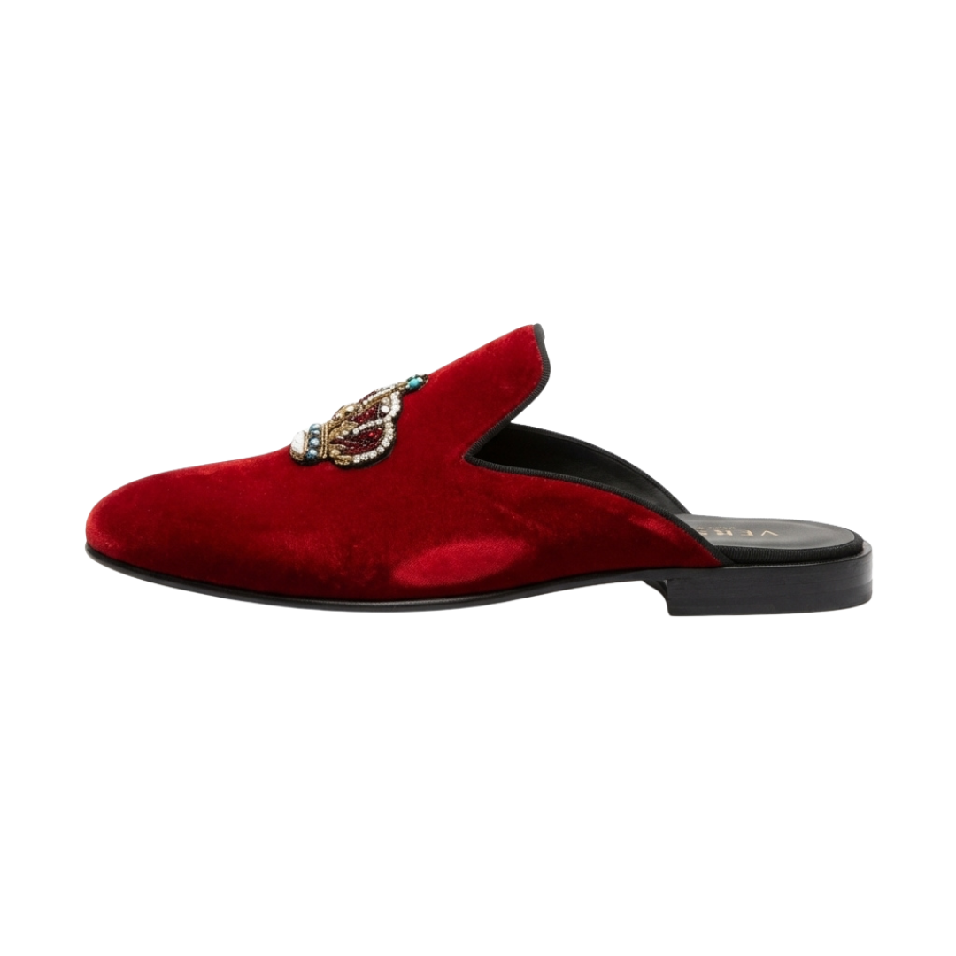 Versace shoes with jeweled crest on red velvet mule, available at Lestyle Boutique Melbourne