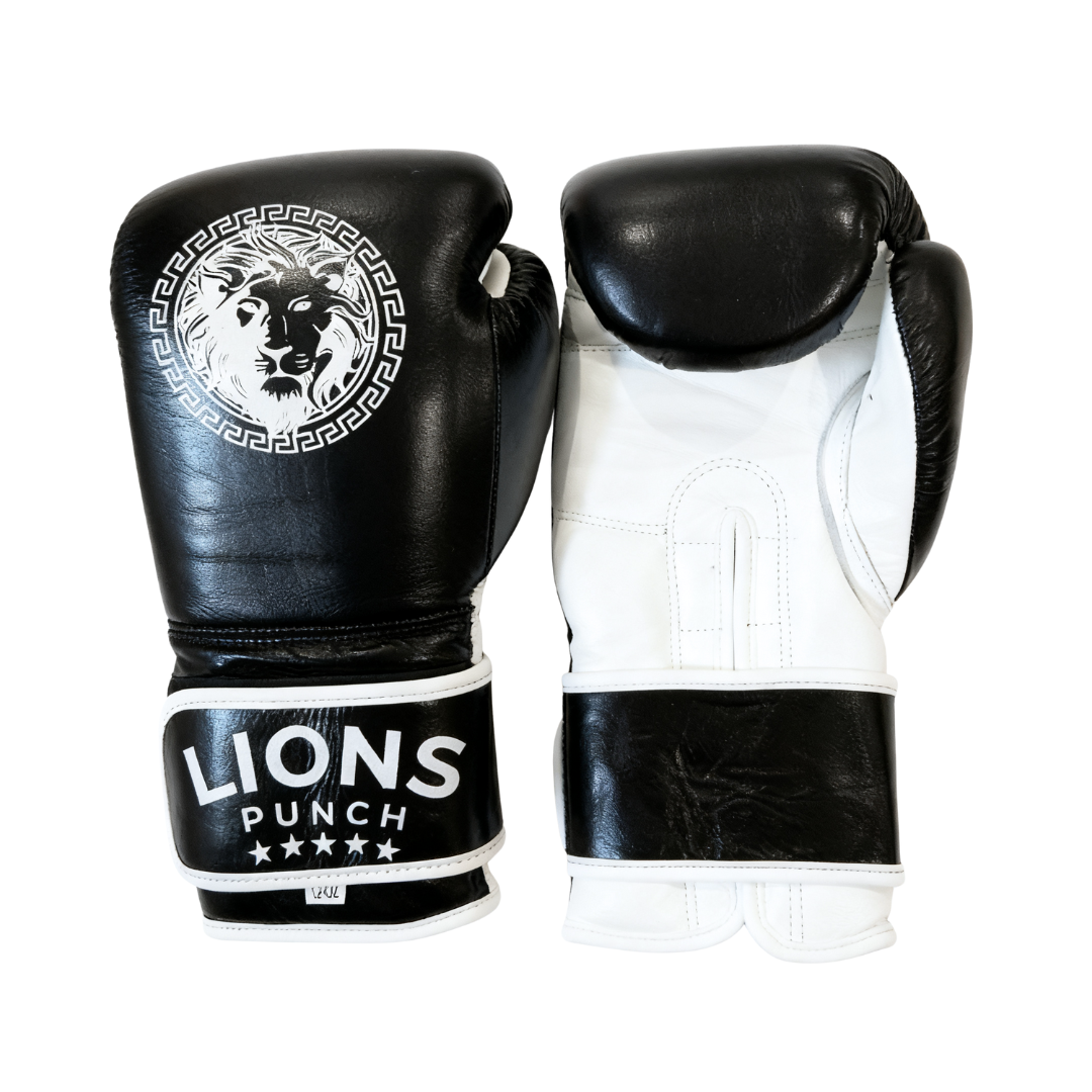 Lions Punch boxing gloves featuring lion logo, black leather, available at Lestyle Boutique Melbourne