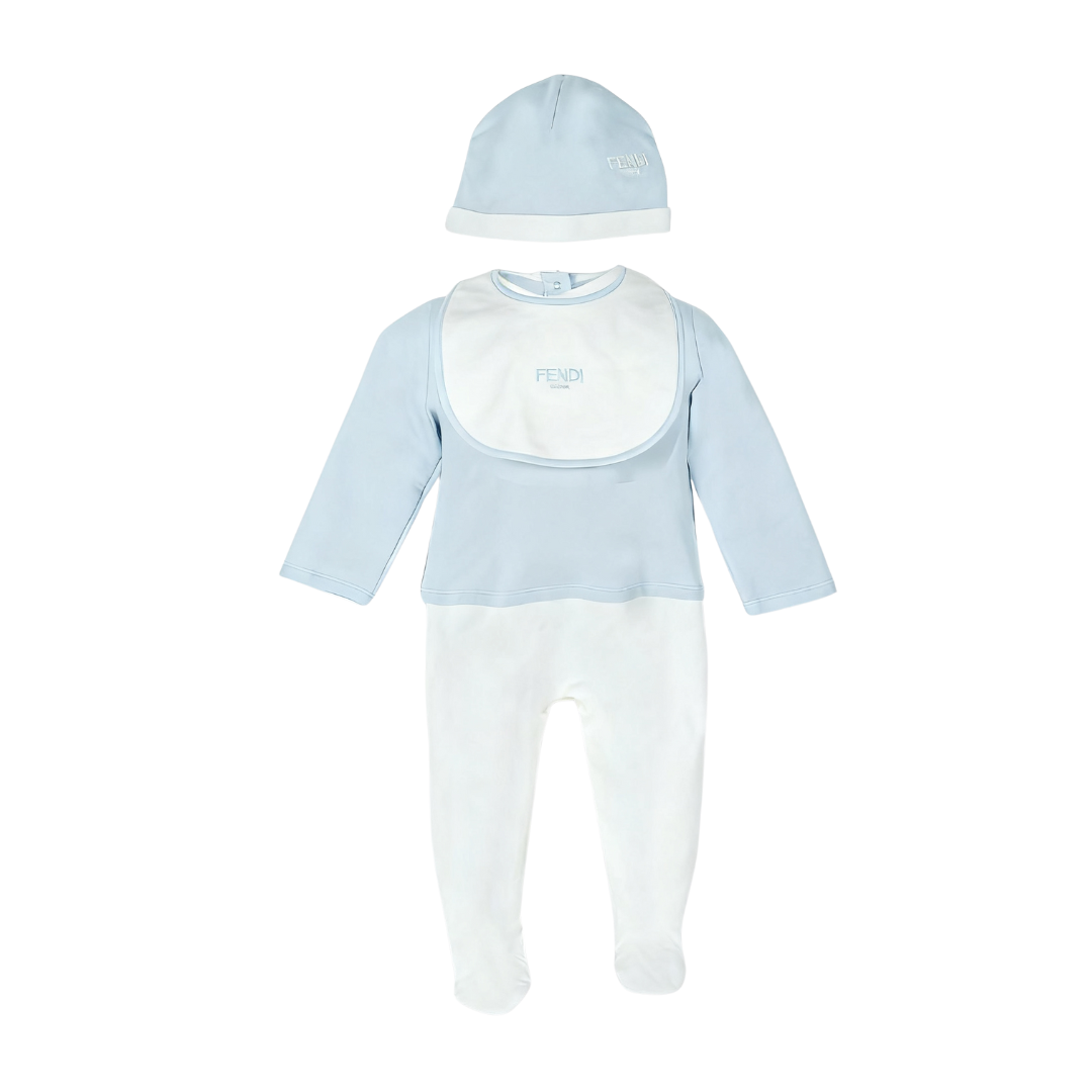 Fendi baby kit featuring light blue jersey with white bib collar and hat, Roma embroidery available at Lestyle Boutique Melbourne