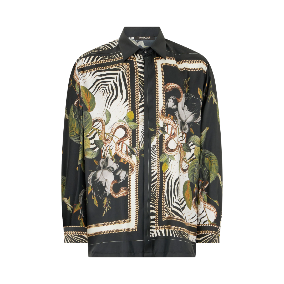 Roberto Cavalli Zebra and Snake Print Silk Shirt featuring bold animal prints, available at Lestyle Boutique Melbourne