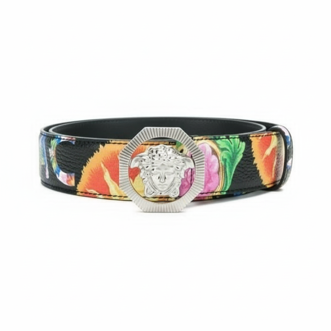 Versace belt featuring Medusa buckle and colorful floral print available at Lestyle Boutique Melbourne