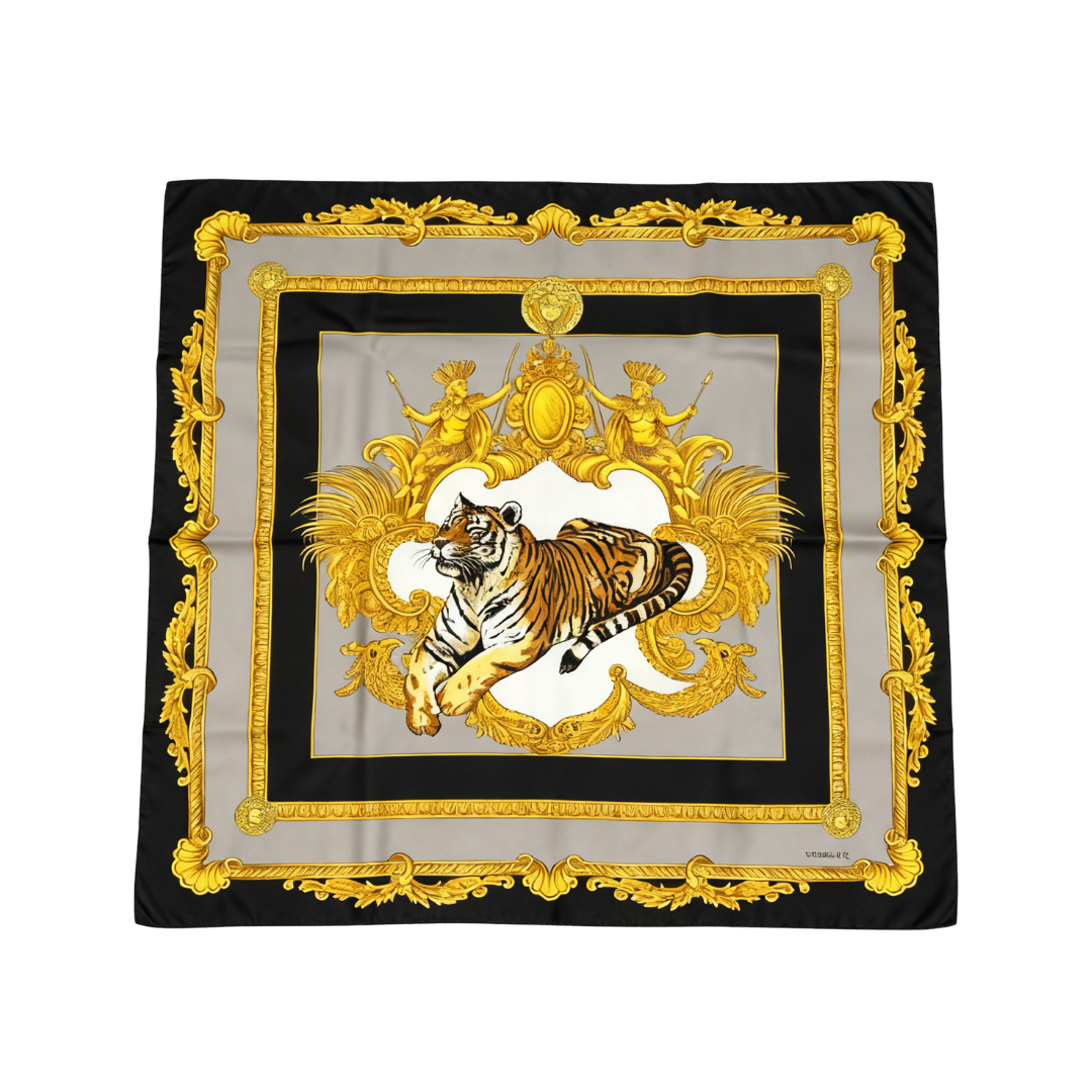 Versace scarf featuring tiger motif and ornate gold baroque frame available at Lestyle Boutique Melbourne